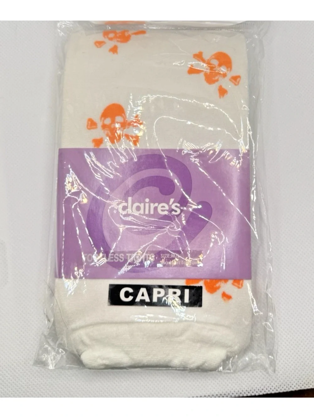 Claire's White Orange Skull Crossbones Capri Footless Tights Women's Sz M/L New